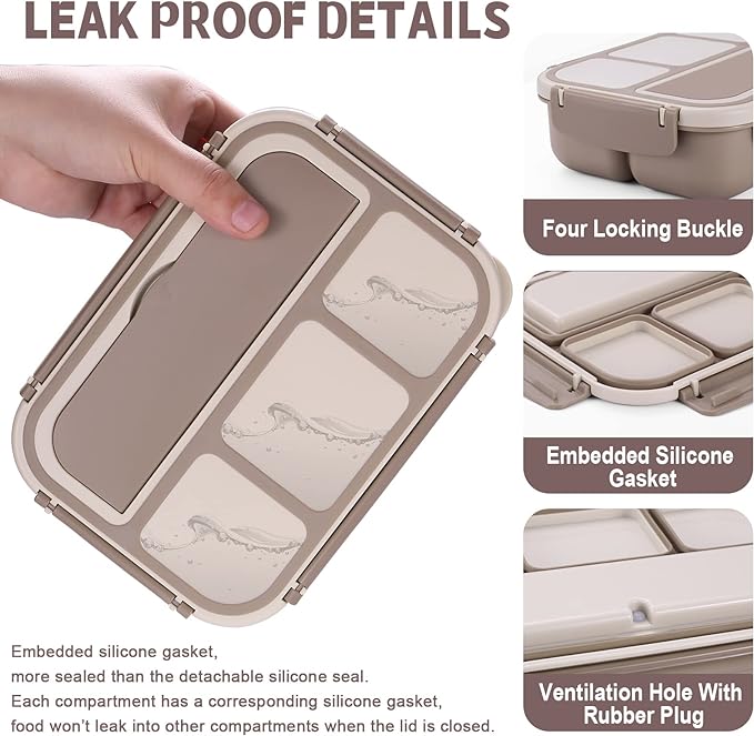 Bento Box Adult Lunch Box, Containers for Adults Men Women with 4 Compartments, Lunchable Food Container with Utensils, Sauce Jar, Muffin Liners, 40 Oz/5 Cup, Microwave & Dishwasher Safe, Brown