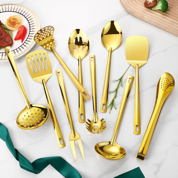 Gold Kitchen Utensils Set, 11 PCS Stainless Steel Cooking Utensils Set | Metal Kitchen Tool Set for Cooking with Turners, Potato Masher, Spatula, Spoons, Pasta, Tongs