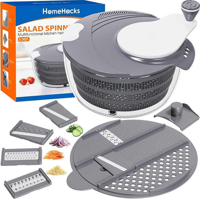 Salad Spinner Lettuce Spinner with Drainage Holes, 5 Chopping Blades, Grey | 5.3 QT Large High Efficiency Fruit Vegetable Washer Dryer, Easy Press Kitchen Tool for Leafy Vegetables