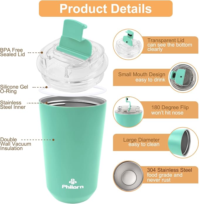 PHILORN Coffee Mug 12 OZ Tumbler, Green Travel Coffee Mug with Lid | Coffee Thermos for Hot & Cold Drinks, Insulated Stainless Steel Travel Coffee Cup with Double Wall