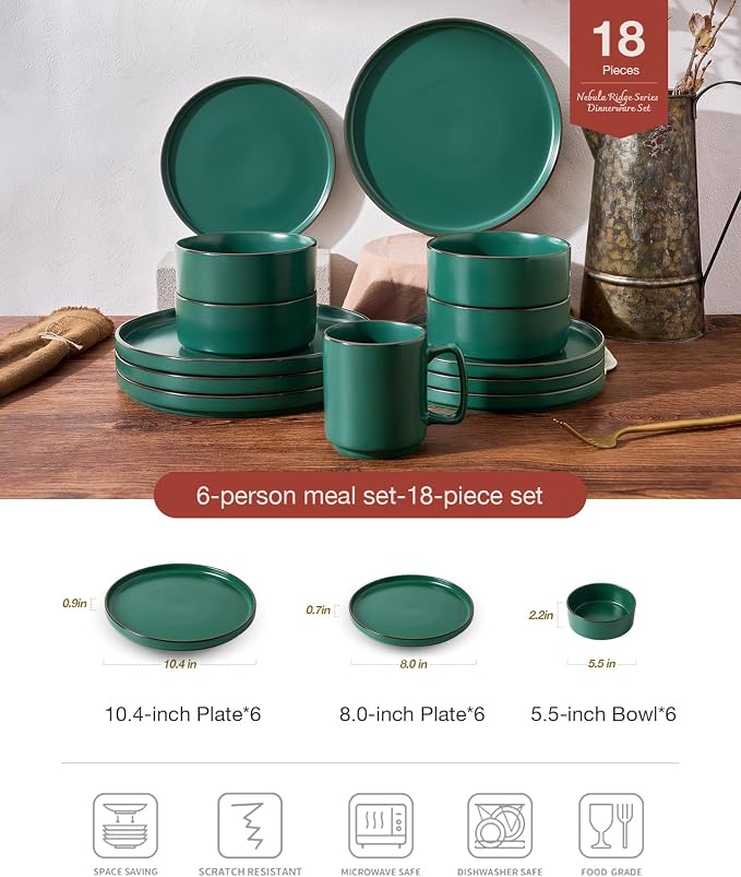 Famiware Nebula Ridge 18-Piece Stoneware Dinnerware Set, Dark Green | Plates and Bowls for 6, Warm Hand-Painted Rims, Microwave and Dishwasher Safe, Daily Essentials