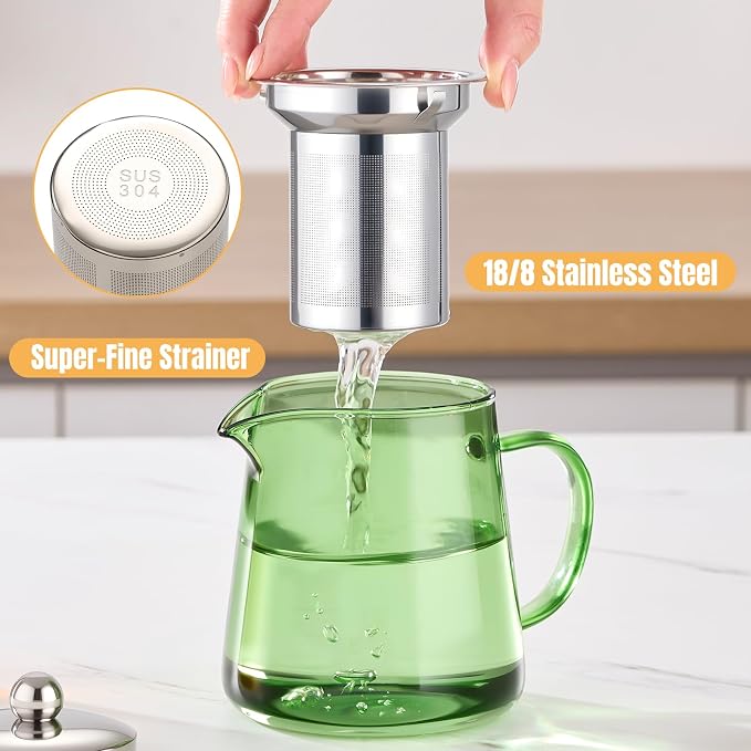 PARACITY Tea Kettle with Infuser, Glass Teapot Stovetop, 18.6 fl oz, 550 ml | (Green) Clear-glass tea maker with removable 18/8 steel infuser for blooming or loose leaf tea; made of borosilicate glass
