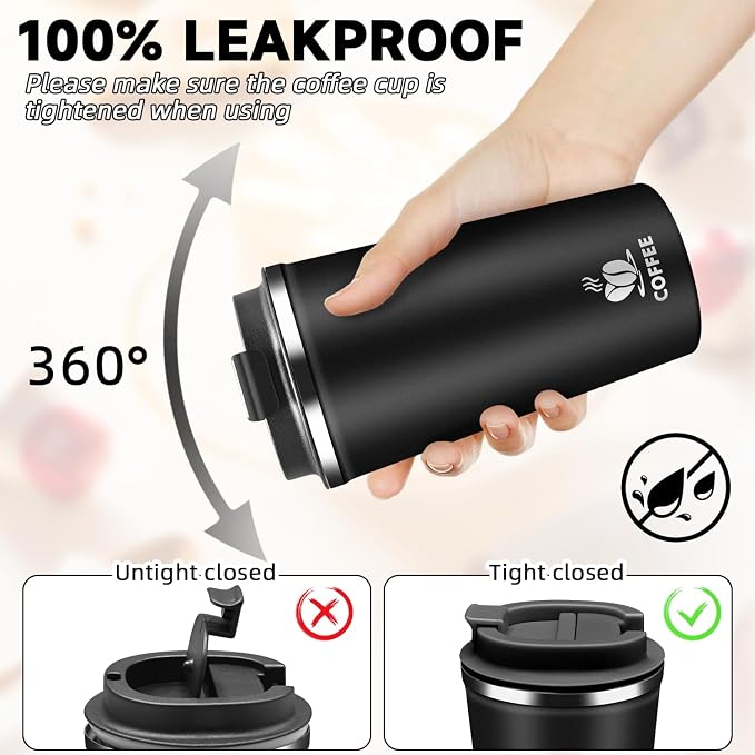 Insulated Travel Coffee Mug Reusable Coffee Tumbler Cup with Flip Lid Leak Proof Spill Proof for Office School Party Camping Hot and Cold Drink,Stainless Steel 17oz (Black)