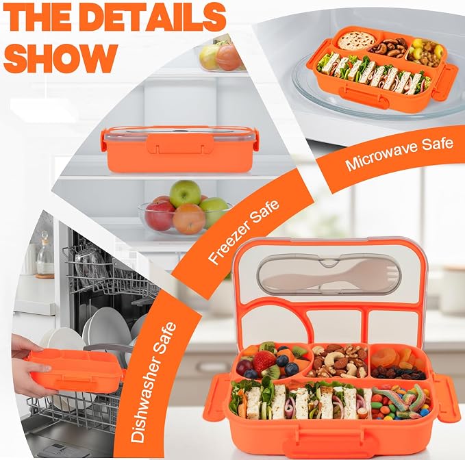 Bento Box for Adults, 4 Compartments Lunch Box, Lunch Containers, Orange