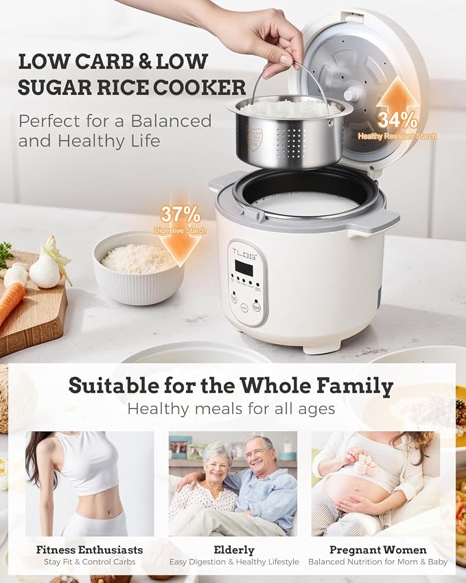 TLOG Low Carb Rice Cooker, 4-Cup Uncooked, 2L, 5 Presets, 24H Timer | 304 stainless steel steamer basket, automatic keep warm, low-sugar cooking, for rice, grains and everyday meal prep