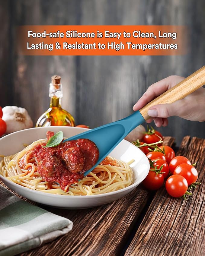 Multifunction Cooking Spoons for Nonstick Cookware,11.4"&13.4",TURQ | Great for Cooking and Serving, Sturdy BPA-Free Matte Silicone, Wood Handle spoonula for Mixing, Scoop, and Scrape