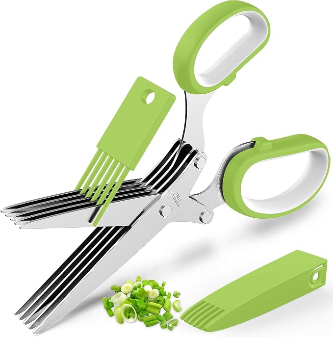 Herb Scissors with 5 Blades and Cover, Kitchen Herb Cutter with Cleaning Comb, Stainless Steel Multi Blade Herb Shears for Basil Parsley Cilantro, Easy Clean Cooking Tool, Unique Kitchen Gadgets Gift