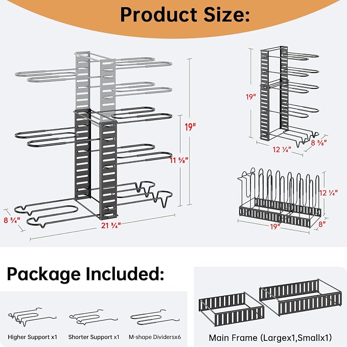 MUDEELA 8-Tier Adjustable Pots and Pans Organizer Rack under Cabinet, Blcak | Adjustable pot rack expands 11.65" to 19". Holds pots, pans and lids. 3 DIY installation methods. Fits kitchen pantry cabinet