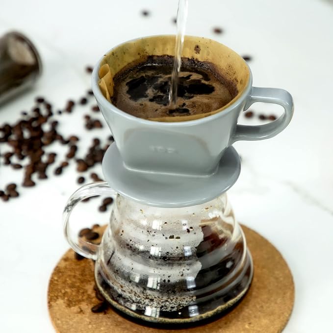 Pour Over Ceramic, Coffee Dripper Ceramic Coffee Maker,Grey | 3 Holes Flat Bottom, Porcelain Slow Filter Cone for Travel, Camping, Office, Home, Coffee Maker Brew