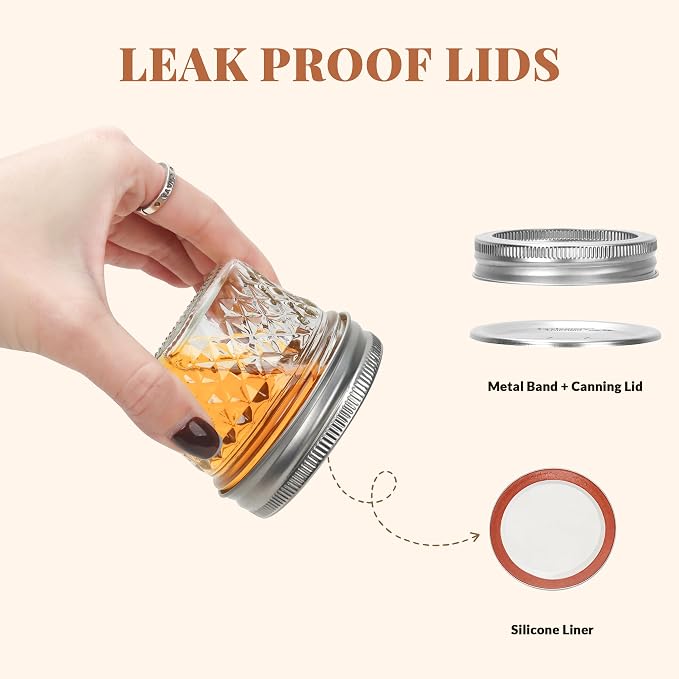 CycleMore Mason Jars 4 oz, 24 Pack Diamond Mini Glass Jars with Printed Silver Split Lids, Small Canning Jars for Caviar, Jam, Honey, Jelly, Party Favors and Gifts