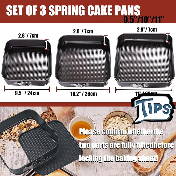 Springform Pan Set, 9.5/10/11Inch Square cake pans with Removable Bottom