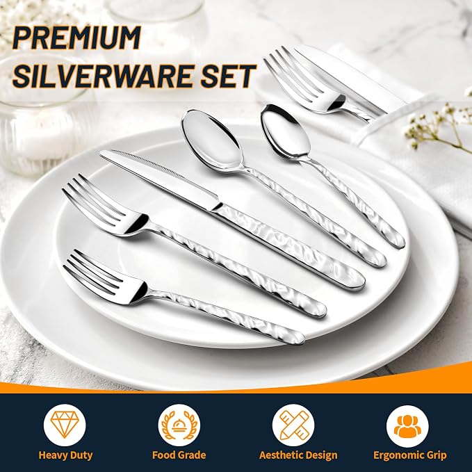 NICE KITCHEN Silverware Set, 40 Piece Heavy Duty Silverware Cutlery Sets | Premium Stainless Steel Flatware Set for 8 with Wavy Patterns, Spoons and Forks Set, Mirror Polished, Dishwasher Safe