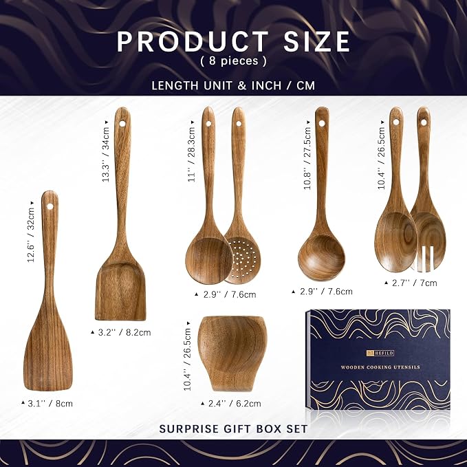 Wooden Spoons for Cooking, 8-Piece Acacia Wood Utensil Gift Set | Spoons and spatulas stir, mix, flip and serve; gift-ready box makes it ideal for housewarmings, weddings and new kitchens.