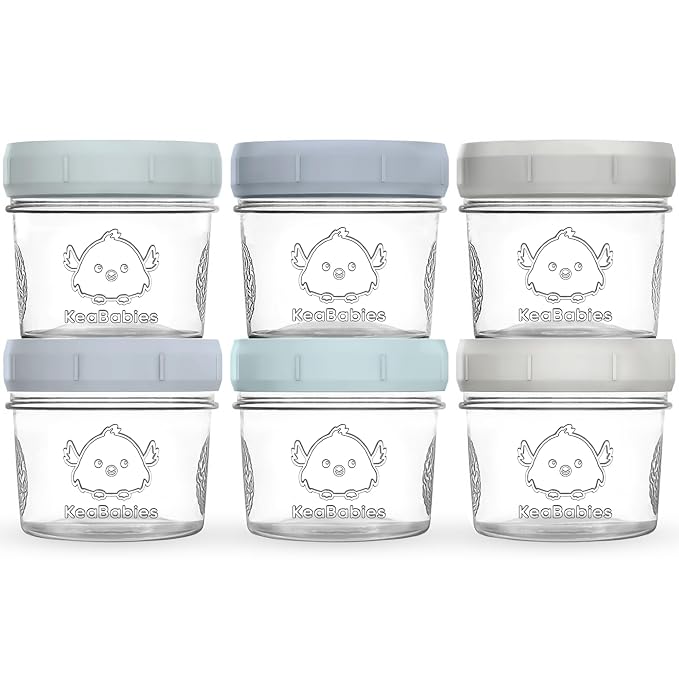 KeaBabies 6pk 4oz Glass Baby Food Containers with Lids, Leak-Proof (Slate) | Microwavable Small Glass Jars, Baby Purees, Toddler Snack Storage Containers, BPA-Free, Dishwasher-safe, Freezer Safe