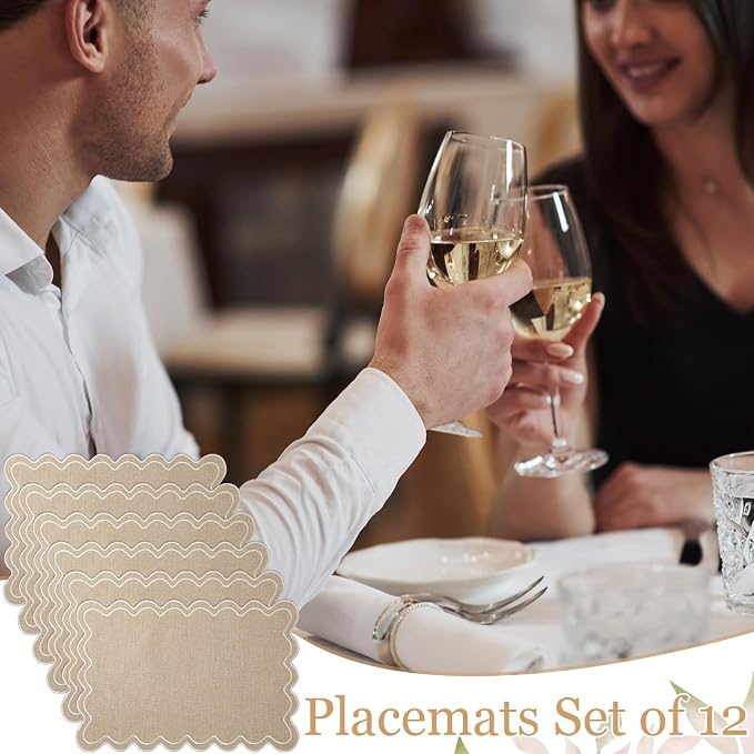 Linen Placemats Set of 12 Scalloped Placemat 13 X19 Wavy Embroidery Double Layered Washable Farmhouse Dinner Fabric Table Mat Napkin for Wedding Party Restaurant(Regular,Linen Color)