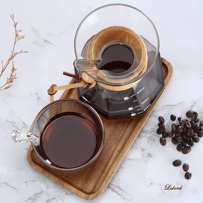 Lalord Pour Over Coffee Maker, 400ml/13.5oz Borosilicate Glass Carafe with Stainless Steel Filter & Modern Wooden Collar, 2 Cups Capacity, Clear