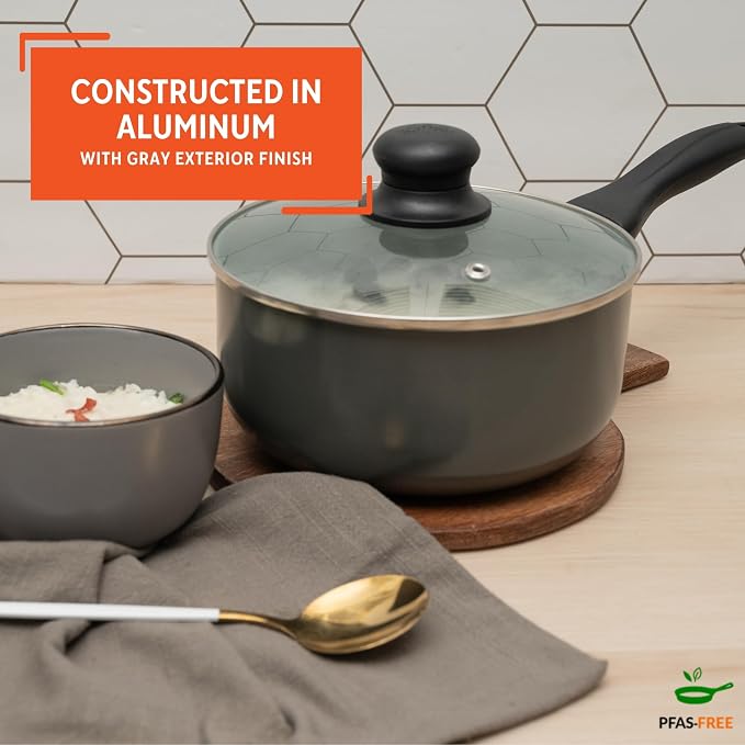 IMUSA 1.5 Qt Chef Cera Aluminum Ceramic Saucepan with Glass Lid, Gray | Ideal for Sauces and Side Dishes, Great for Everyday Cooking