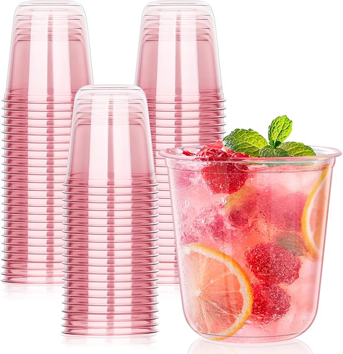KesaPlan 50Pcs 12oz Pink Plastic Party Cups, Disposable Wine Cocktail Cups | Cute Clear Stemless Glass, Round Bottom PET Cold Drink Cups for Valentine's Galentine's Day Wedding Christmas Bridal Shower
