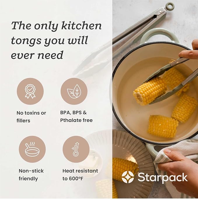 Starpack Get a Grip Silicone Kitchen Tongs (2-Pack, 9" + 12") - LFGB Non Toxic, 600°F Heat Resistant, BPA-Free - Heavy-Duty Stainless Steel, Locking - Dishwasher Safe for Nonstick Cookware