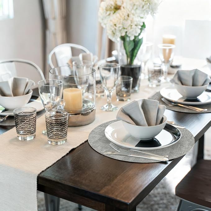 Maxpearl Faux Leather Round Placemats Set of 6, 13.8 inch, Grey | Waterproof, Heat Resistant, Non Slip, Wipe Clean Dining Table Place Mats, Suitable for Indoor & Outdoor Use, Table Settings