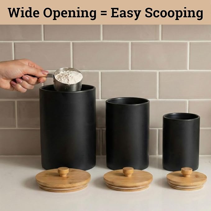 Ceramic Kitchen Canisters for Countertop Set of 3 w/ Airtight Bamboo Lids | Thick Sturdy Ceramic, Matte Finish, Airtight Easy Open Bamboo Lids, Comfortable Bamboo Handles, Jar Volumes: 2, 1, 0.5 quarts