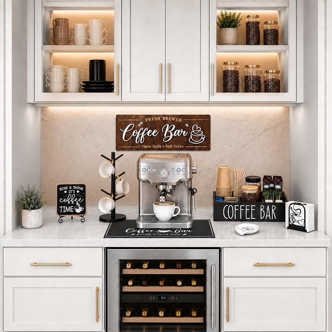7-Piece Coffee Bar Accessories Set, Farmhouse Coffee Bar Organizer Kit | Coffee Bar Essentials Bottle Organizer for Countertop, Coffee Station Organizer with K-Cup Holder Mat Spoon Rest and 2 Signs