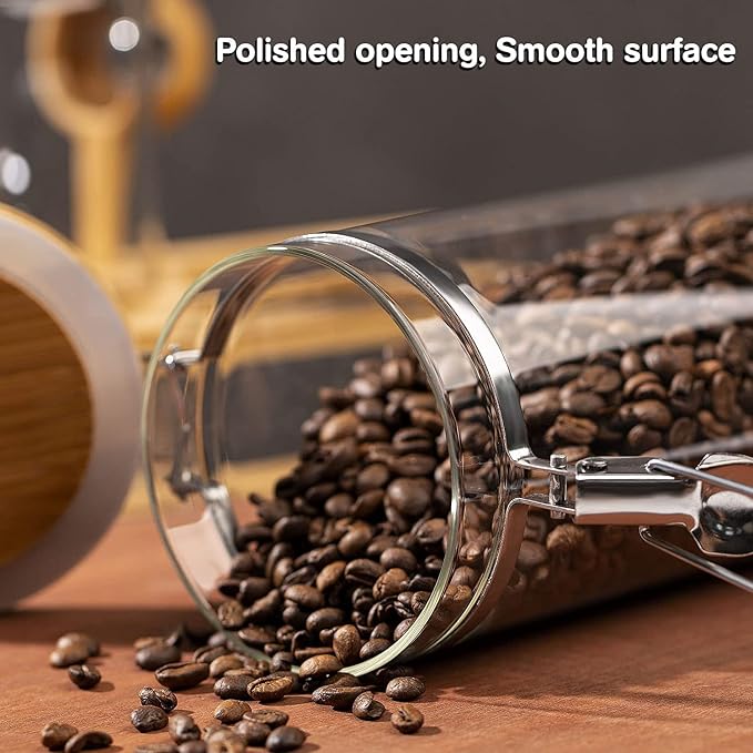 Coffee Container with Shelf: 2P 45OZ Glass Airtight Coffee Holder | Large Capacity Coffee Canister w/Wooden Scoop - Kitchen Food Storage Jar for Ground Coffee/Tea/Sugar/Cereal/Nuts/Coffee Bar