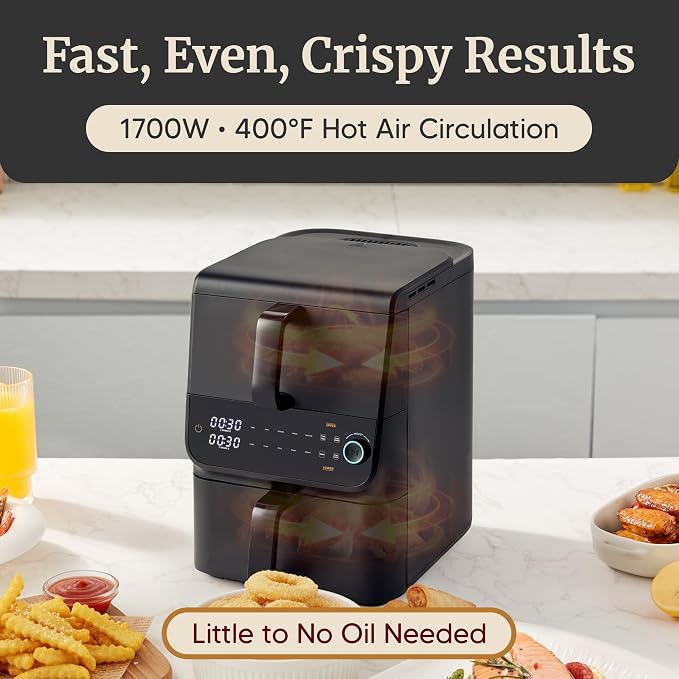 Elite Gourmet EAF6535 Dual Stacked Air Fryer, 10.5Qt, 1700W, Black | Family Size - PFAS-Free Dishwasher-Safe Nonstick Baskets - Sync Cook & Finish - 10 Presets