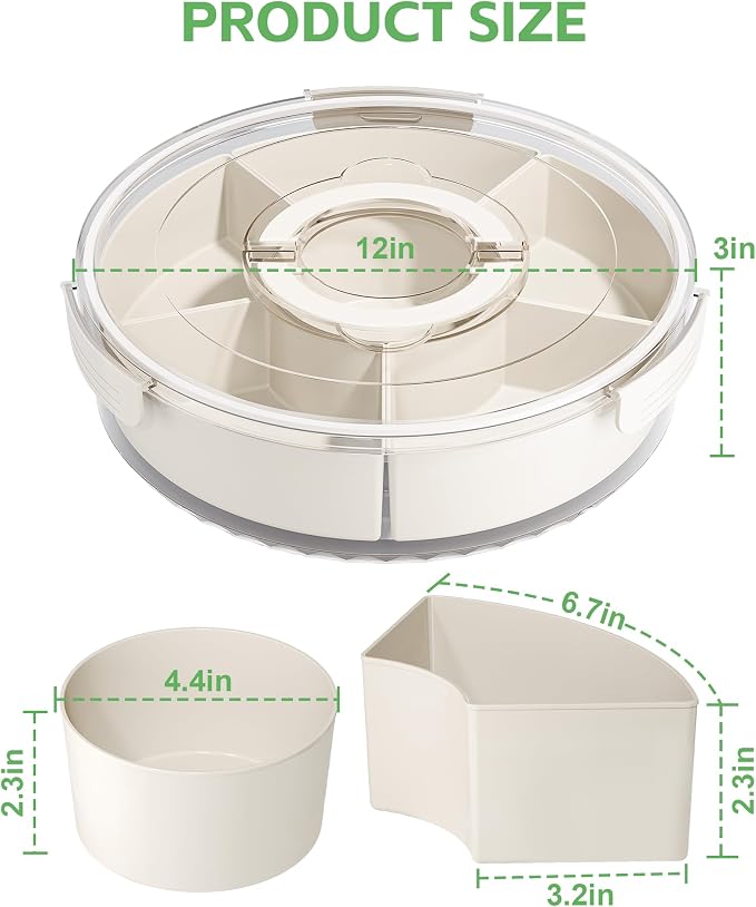 Divided Rotating Serving Tray with Lid and Handle, Portable Snackle Box for Fruits Snacks Veggie Charcuterie, Clear Lazy Susan Organizer and Fridge Storage Container for Adults Child (1PCS,12" L