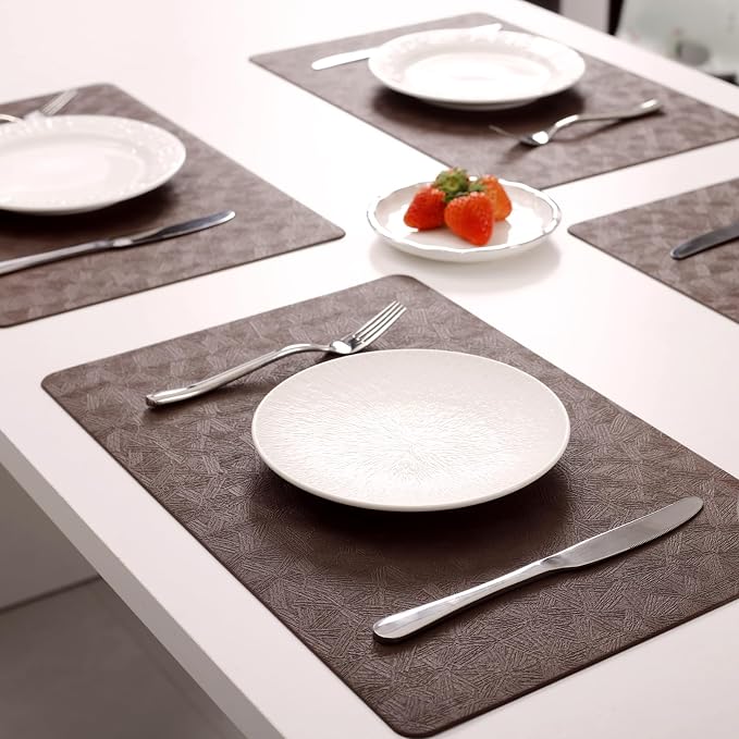 Brown Vinyl Placemats Set of 8 Waterproof Wipeable Table Mats | Heat Resistant Easy Clean Place Mats Faux Leather Table Mats Washable PVC Table Placemats for Dining Table