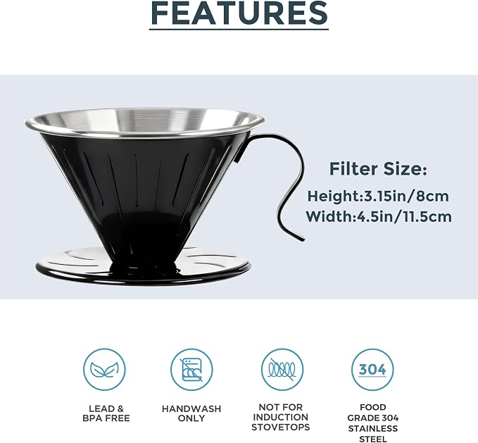 AGOGO Stainless Steel V60 Coffee Dripper & 50 Paper Filters, Black | Unbreakable carafe for kitchen RV camp and office, includes barista towel, lead-free food grade 304 stainless steel