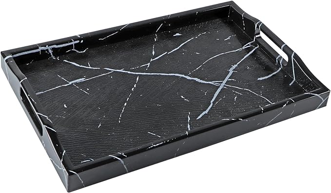 MDLUU Plastic Serving Tray, Ottoman Tray with Cutout Handles, Rectangle Butler Tray for Breakfast in Bed, Coffee Table Decor, Party (Marble)