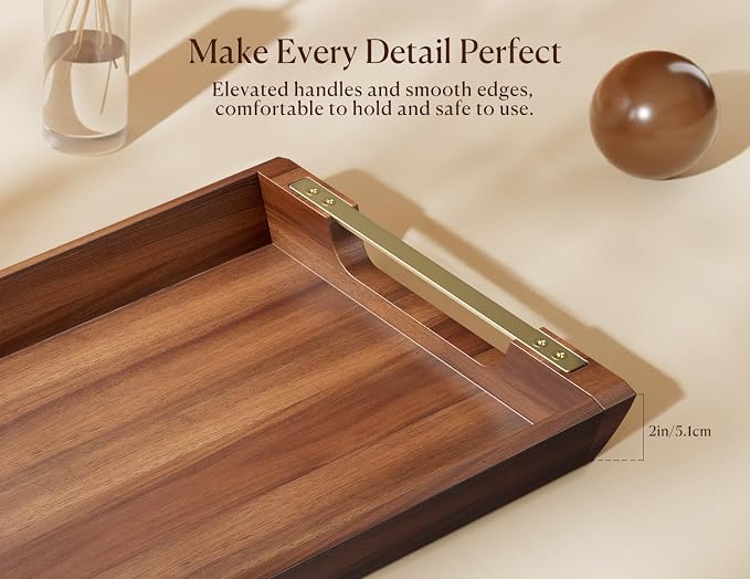 Acacia Wood Serving Tray with Metal Handles, 17x13in Large Ottoman Tray, Food Drinks Tray for Coffee Table, Breakfast, Dinner & Bar, Rustic Decorative Tray for Kitchen, Bedroom Gift Box | Perfect for Breakfast, Drinks, Decor, Appetizers and Snacks, Ide...