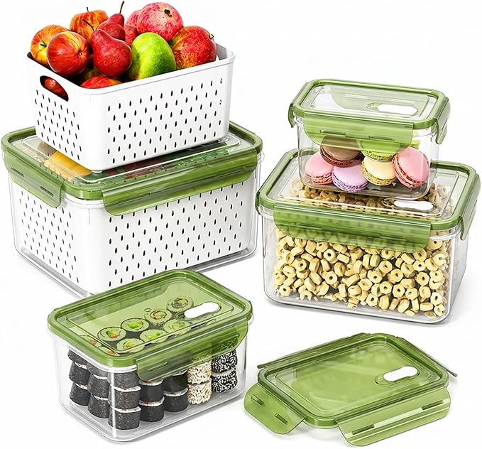 Fruit Storage Containers for Fridge with Removable Colander, Food Storage Containers with Lids, Dishwasher & Microwave Safe, Keep Berry Fruit Vegetable Meat Fresh Longer (Clear Body/Green Lid)