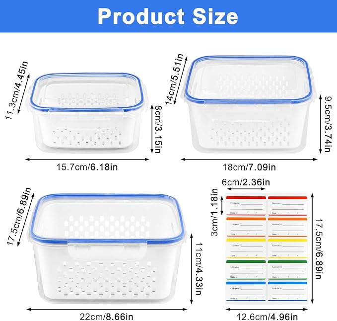 Produce Storage Containers 3-Pack – Colander Basket, Airtight for Fridge/Meal Prep