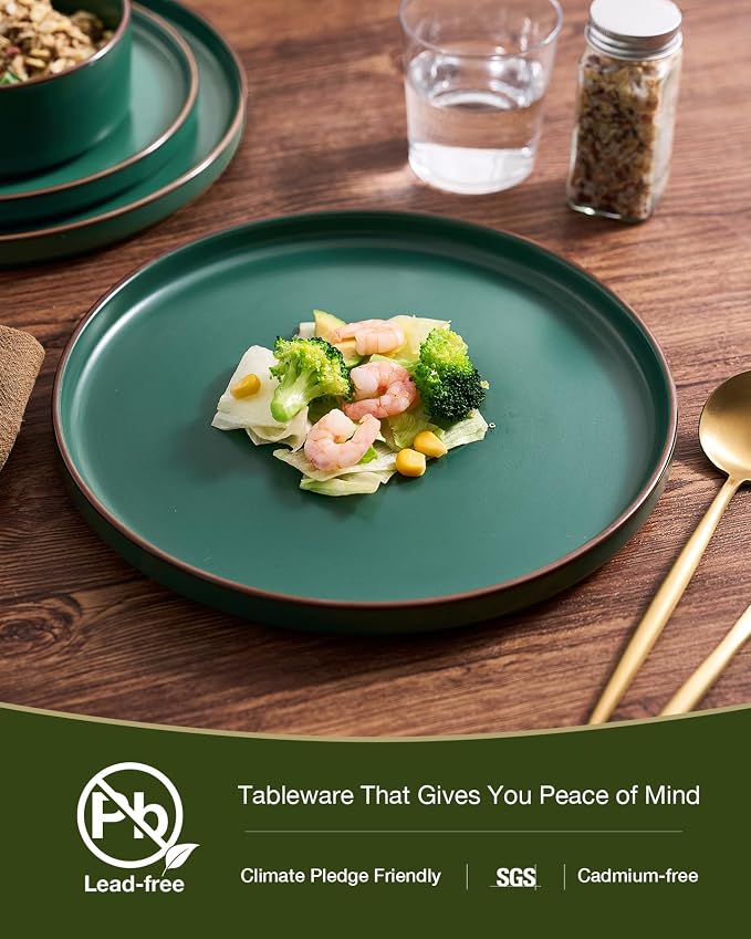 Famiware Nebula Ridge 24-Piece Dinnerware Set with Pasta Bowls, Dark Green | Stoneware Plates and Bowls for 6, Warm Hand-Painted Rims, Microwave and Dishwasher Safe