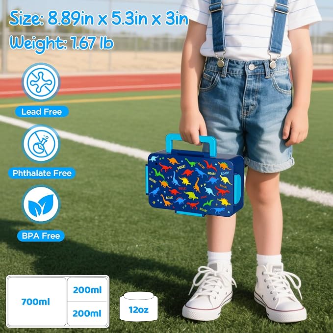 Dinosaur Bento Lunch Box for Kids – 12 oz Stainless‑Steel Soup& 3‑Compartment Leak‑Proof Food Container with Built‑In Ice Pack, Insulated Food Jar for Boys & Girls, School & Travel