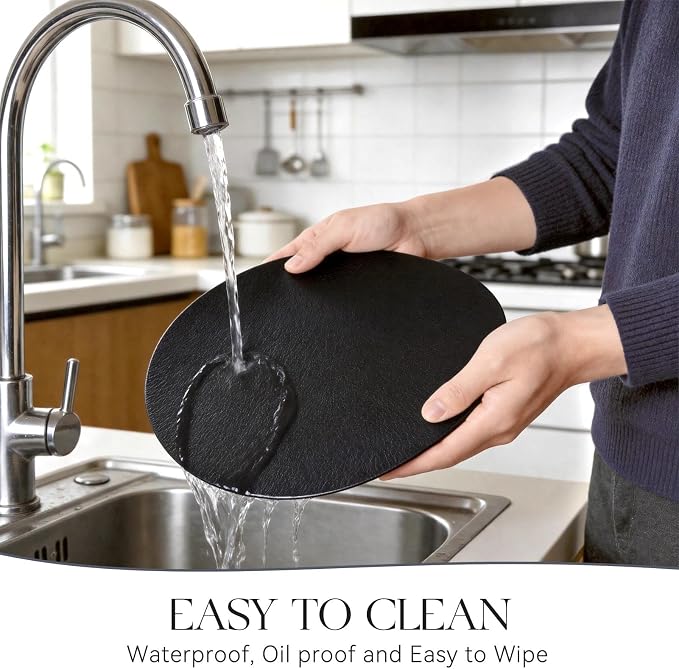 MOSAYT 13 Inch Round Vinyl Placemats Set of 8 - Faux Leather 100% Waterproof Oil-Proof Wipeable PU Place Mats, Heat Resistant Reversible Table Mats for Kitchen, Dining, Outdoor, Black