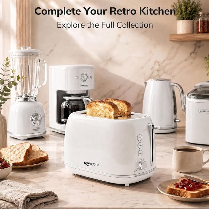 Keenstone 2 Slice Toaster, Retro Stainless Steel Kitchen Essentials, White | Retro Kitchen Decor, 18/8 Food-Grade Steel, 1.5” Slots & 6 Browning Levels, Bagel/ Defrost/ Reheat, Removable Crumb Tray