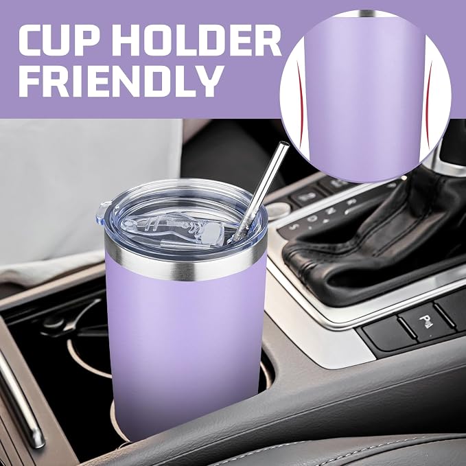 20 oz Tumbler with Lids and Straws, Stainless Steel Insulated Travel Coffee Mug, Double Wall Vacuum Insulated Tumblers, Powder Coated Coffee Tumbler for Cold & Hot Drinks (Light Purple,4pack)