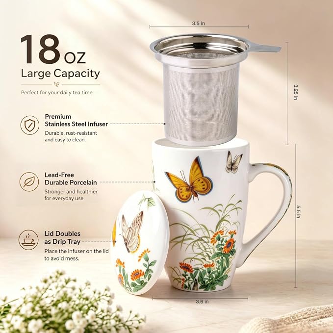 AmorArc Tea Cup With Infuser and Lid, 18oz Loose Leaf Tea Mug With Steeper | Porcelain Tea Mug With Infuser and Lid, Strainer Tea Cup for Tea Lovers, Home & Office, Housewarming Birthday Gift