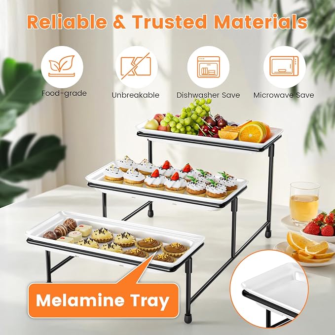 3 Tier Serving Tray for Party, 15" Steel Stand, Tiered Platter, Black | Steel frame, sturdy & stable. For cookies, veggie, dessert & fruit. Ideal for parties, weddings, BBQ & events.