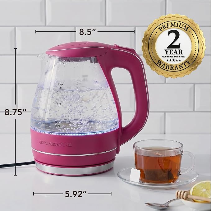 OVENTE 1.5L Glass Electric Kettle Water Boiler, Pink KG83F | 1100W Fast Boiling, Borosilicate Glass, BPA-Free, Blue LED, Auto Shut-Off, Boil-Dry Protection, Removable Filter, 360° Base