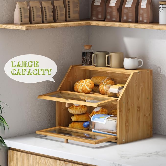 BMOSU Farmhouse Bread Box for Kitchen Countertop Bread box Double Layer Bamboo Wooden Extra Large Capacity Bin Kitchen Food Storage Container(Natural)