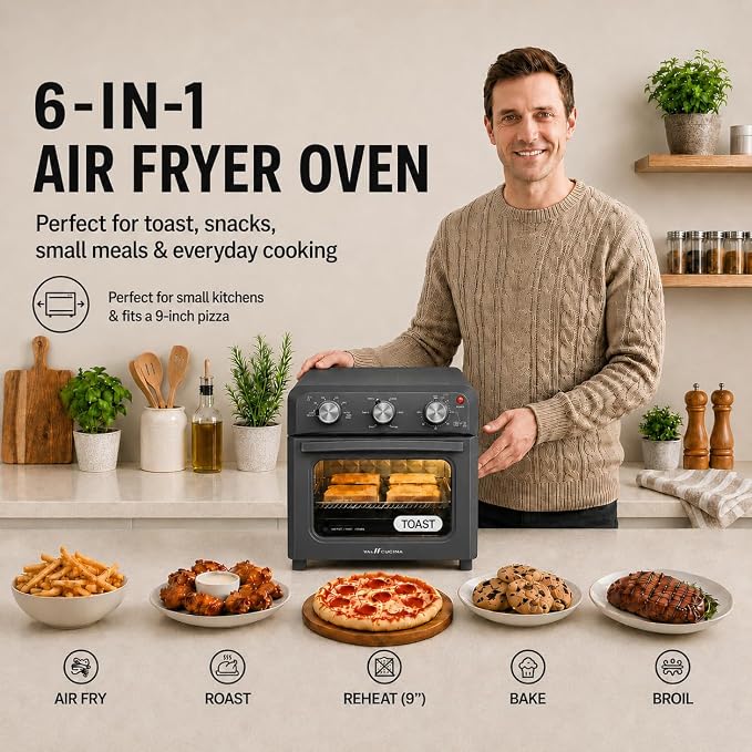 VAL CUCINA 6-in-1 Retro Air Fryer Toaster Oven Combo, Compact 12.7 QT Small Countertop Convection Oven, Fits 9" Pizza & 4 Toast, Hexagon Hybrid Heating, Enamel Baking Pan Included, Dark Grey Color