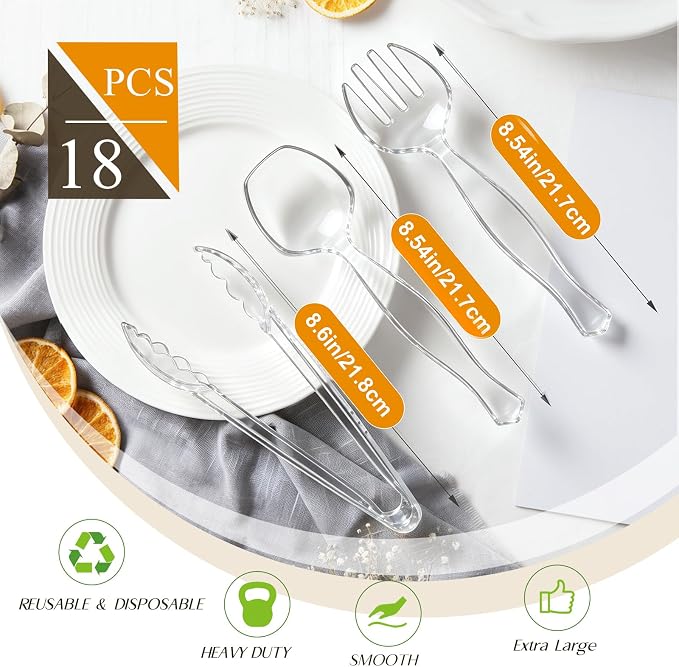 Mwellewm Plastic Serving Utensils Set Disposable Tongs Spoons for Buffet | Heavy Duty, BPA free, Large, 18Pcs Clear Party Catering Supplies Buffet Display Utensils for Restaurant, Wedding,Banquet,Food