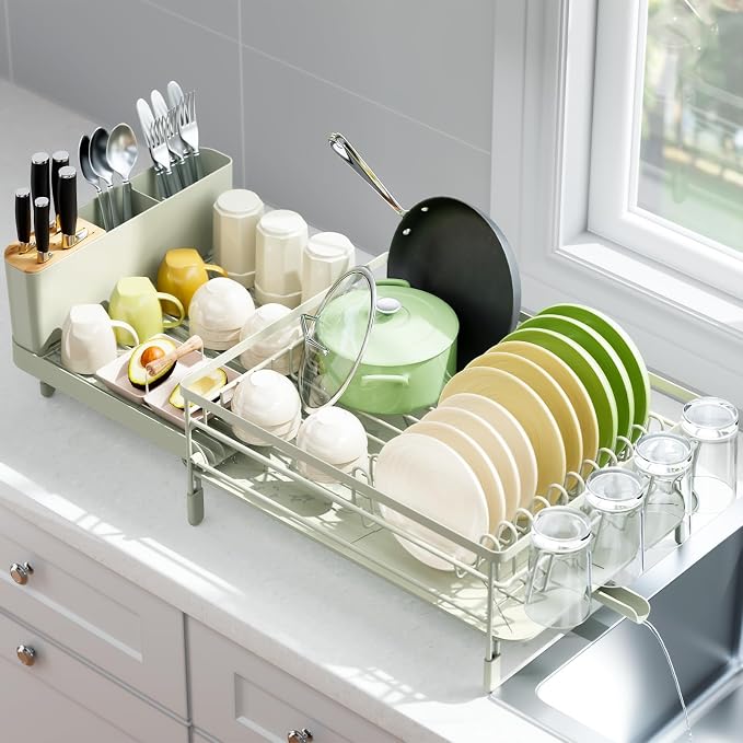 Urackify Extendable Dish Rack, 18.5"-26.7" L x 12.7" W, Soft Celery Green | Multifunctional large dish rack with cup holder and built-in cutlery holder for versatile drying needs