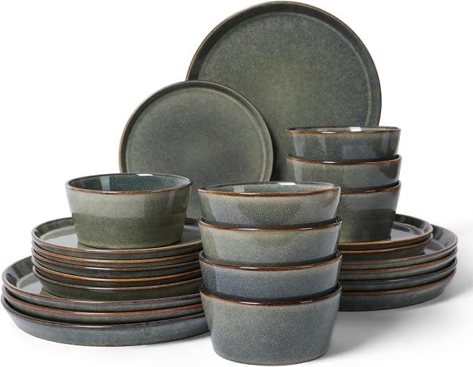 Dinnerware Sets, Microwave Safe Plates and Bowls Sets, Dishes Set for 8, Chip & Scratch Resistant Dinner Set, Handcrafted Farmhouse Dishware Sets, Green Wheat