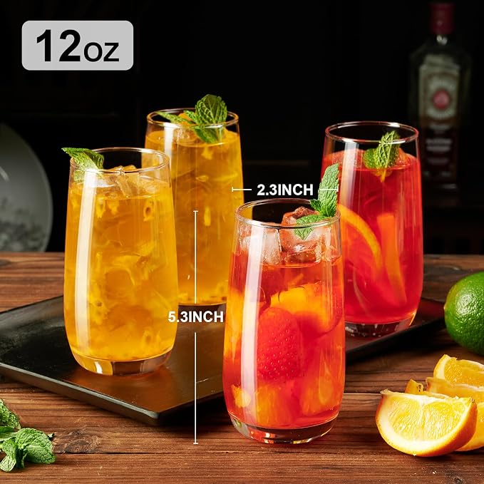 PARACITY Highball Glasses Set of 4, Drinking Glasses 12 Oz, Clear Glass Cups, Tall Tumbler Water Glasses, Glassware Set for Cocktail, Coffee, Mojitos | Clear cups for water, cocktails, coffee, and mojitos; versatile glassware for home dining, parties, ...