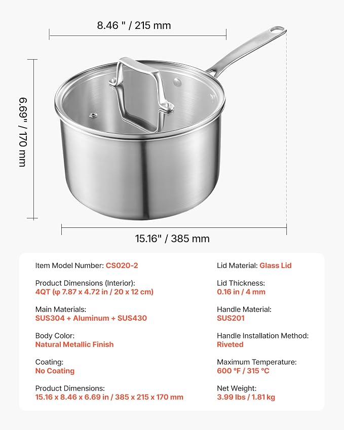 VEVOR 4 QT Saucepan, Stainless Steel Saucepan with Glass Lid, Multipurpose Nonstick Stainless Steel Small Cooking Sauce Pot with Ergonomic Handle, Friendly for Oven, Dishwasher, Induction Cooker